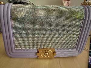 Lavender Rhinestone Embellished Crossbody Bag with Gold Chain and Clasp